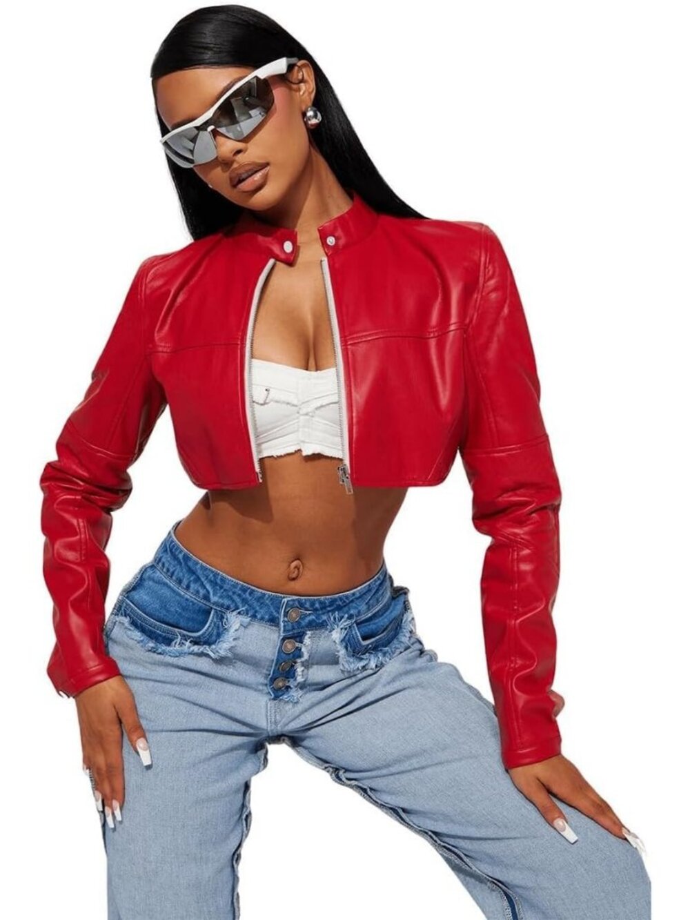 Women's Red Faux Leather Jacket Cropped Bomber Motorcycle With Two Zipper Jacket